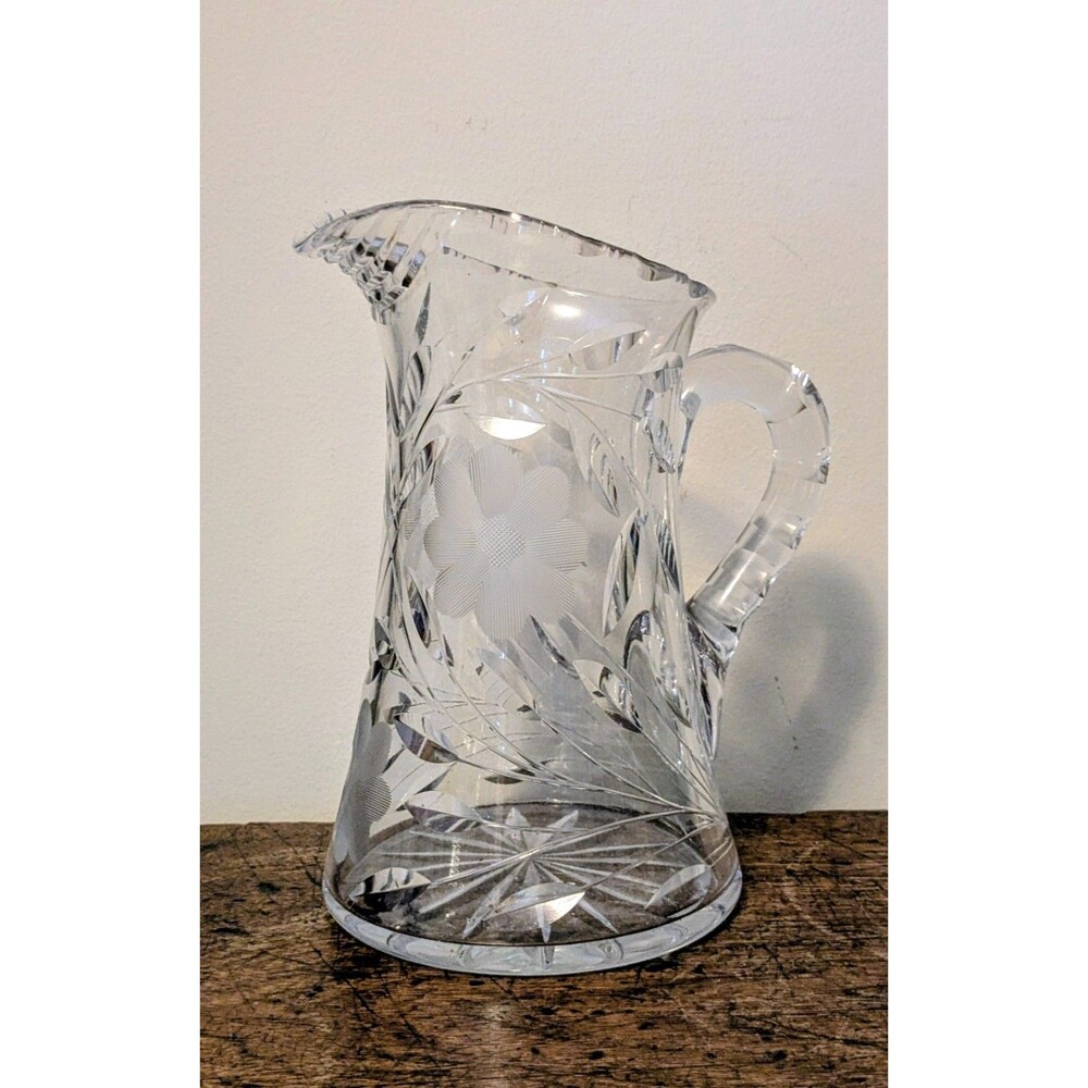 Antique Cut Glass Crystal Water Pitcher Intaglio Daisy Flower Leaf 8.5" 1910